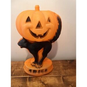 Vintage Halloween Pumpkin Blow Mold Light Jack O'Lantern Black Cat Trick Treat